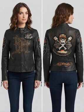 Ed Hardy Embroidered Leather Moto Jacket